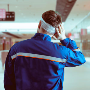 A man with a bandage on his head in an airport, possibly due to head injuries from automobile accidents. - Fenstersheib Law Group, P.A